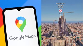 Logo de Google Maps junto a la Vista Inmersiva de la Sagrada Familia de Barcelona.