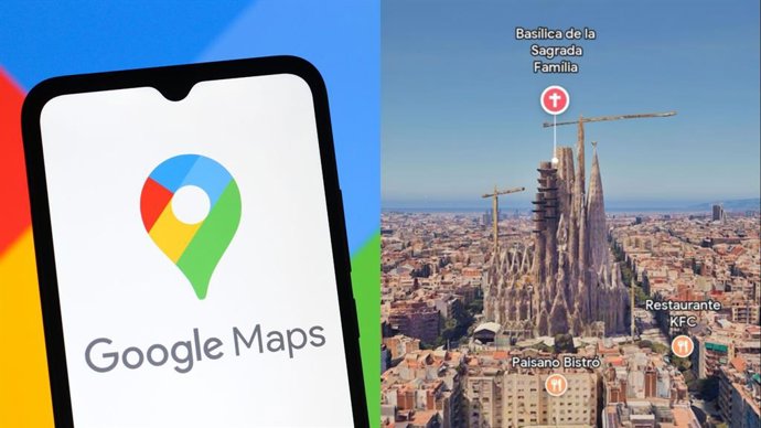 Logo de Google Maps junto a la Vista Inmersiva de la Sagrada Familia de Barcelona.