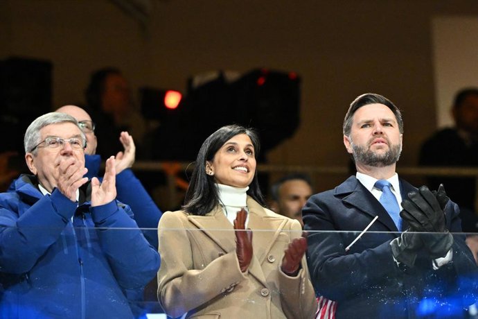 06 February 2026, Italy, Milan: (R-L) US Vice President JD Vance, his wife Usha Vance, and former IOC President Thomas Bach attend the opening ceremony of the Olympic Winter Games Milano-Cortina 2026. Photo: Peter Kneffel/dpa-POOL/dpa
