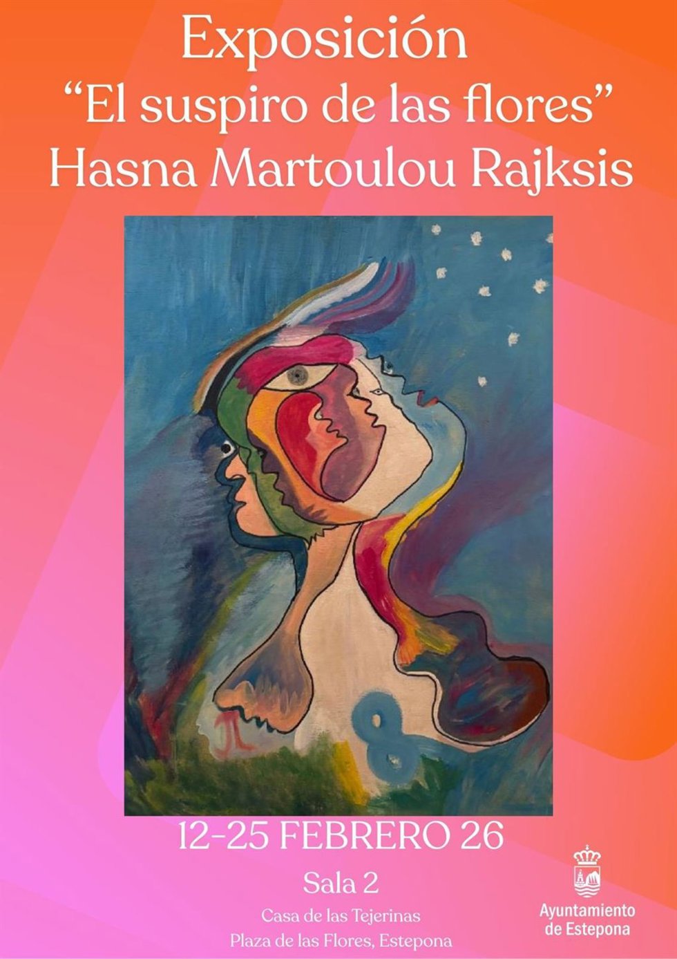Cartel de la exposición de Hasna Martoulou Rajksis en Estepona.