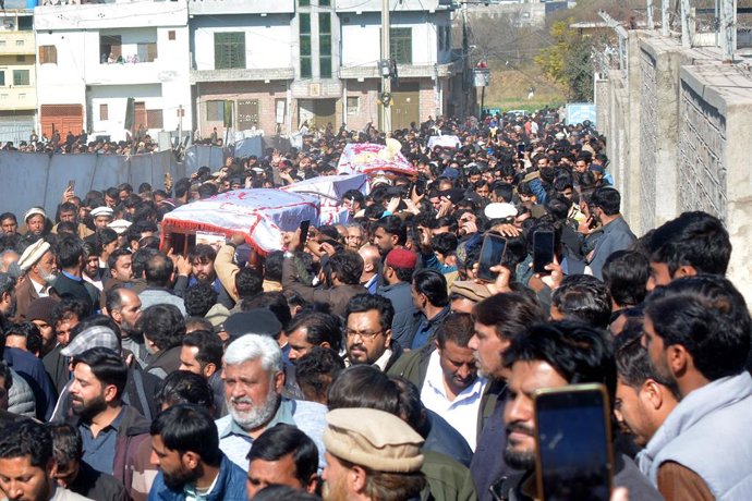ISLAMABAD, Feb. 7, 2026  -- People attend a funeral ceremony for victims of a mosque explosion in Islamabad, capital of Pakistan on Feb. 7, 2026. At least 31 people were killed and around 170 others were injured after an explosion ripped through a mosque 