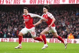 07 February 2026, United Kingdom, London: Arsenal's Martin Zubimendi (L) celebrates scoring his side's first goal with teammate Declan Rice during the English Premier League soccer match between Arsenal and Sunderland at the Emirates Stadium. Photo: John 