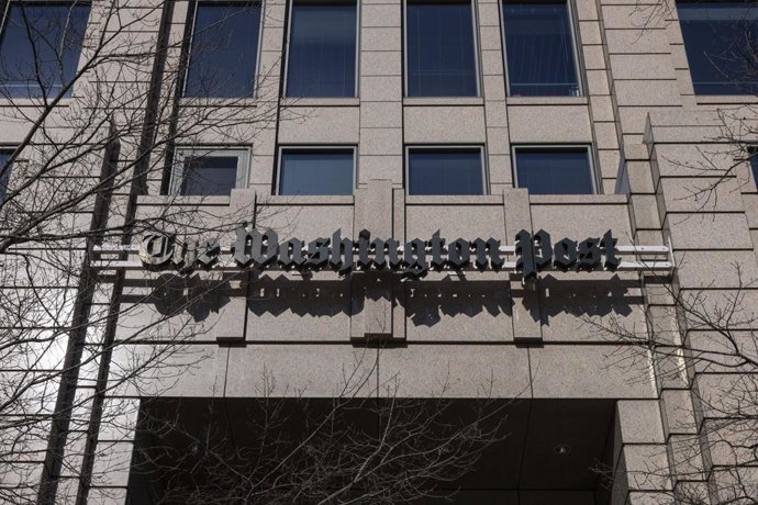 February 5, 2026, Washington, District Of Columbia, United States: The Washington Post building sign is seen during a rally outside the newspaperâ€s offices following sweeping layoffs. The Washington Post, owned by billionaire Amazon founder Jeff Bezos, a