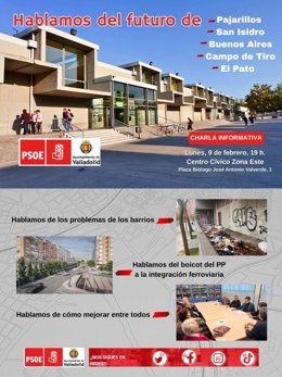 Cartel de la charla informativa organizada por el Grupo Municipal Socialista, centrada en los barrios de Pajarillos, San Isidro, Buenos Aires, Campo de Tiro y El Pato.