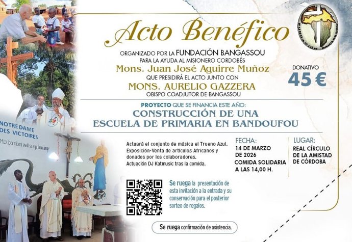 La Fundación Bangassou organiza su tradicional comida solidaria el día 14 de marzo, en el Real Círculo de la Amistad de Córdoba, para recaudar fondos que se destinarán como ayuda para la construcción de una escuela de Primaria en Bandoufou.