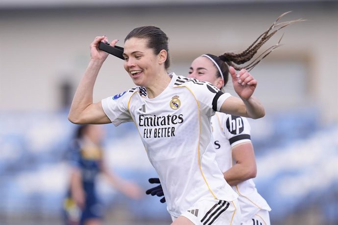 Signe Bruun of Real Madrid celebrates a goal during the Spanish Women League, Liga F, football match played between Real Madrid and RCD Espanyol de Barcelona at Alfredo Di Stefano stadium on February 08, 2026, in Valdebebas, Madrid, Spain.