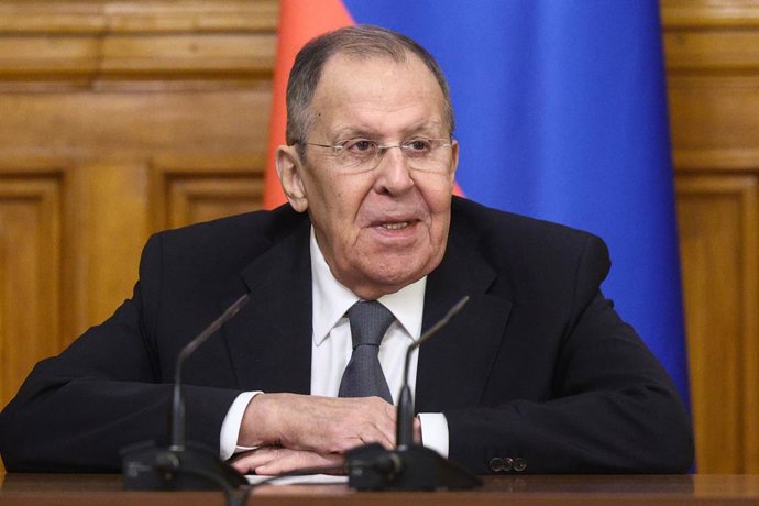 RUSSIA, MOSCOW - FEBRUARY 6, 2026: Russia's Foreign Minister Sergei Lavrov gives a press conference following a meeting with OSCE Chairperson-in-Office Ignazio Cassis, head of Switzerland's Federal Department of Foreign Affairs, Federal Councillor of the 