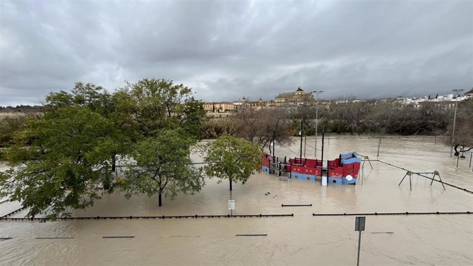Ribera del Guadalquivir a su paso por Córdoba capital, inundada al haber superado el río los cinco metros de crecida de caudal. A 6 de febrero de 2026 en Córdoba (Andalucía, España).