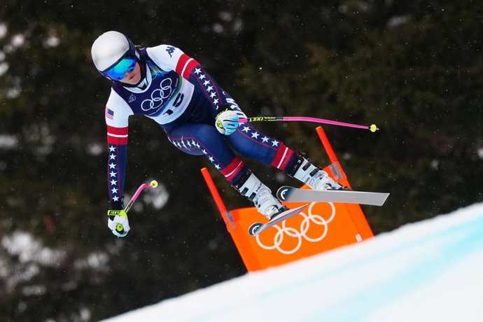 07 February 2026, Italy, Cortina D'ampezzo: US' Lindsey Vonn in action during the alpine skiing downhill training session at the 2026 Winter Olympic games. Photo: Michael Kappeler/dpa