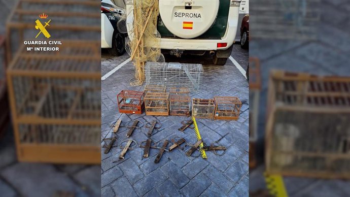 Métodos de captura no selectiva hallados por el Seprona tras investigar a una persona por la captura ilegal de jilgueros.