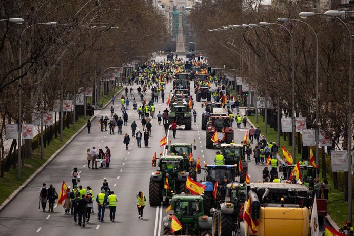 Archivo - Decenas de personas durante una nueva jornada de protestas de agricultores y ganaderos, a 17 de marzo de 2024, en Madrid (España). Unión de Uniones ha convocado una tractorada de agricultores y ganaderos para pedir mejoras en el sector, entre el