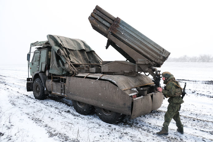 RUSSIA, ZAPOROZHYE REGION - FEBRUARY 9, 2026: A serviceman during a combat mission by the Russian Army Group Dnepr involving the use of a Grad multiple rocket launcher in the zone of the special military operation