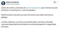 Temporal.- Rueda agradece la llamada de Sánchez, al que pide soluciones al "caos ferroviario" y el arreglo de carreteras