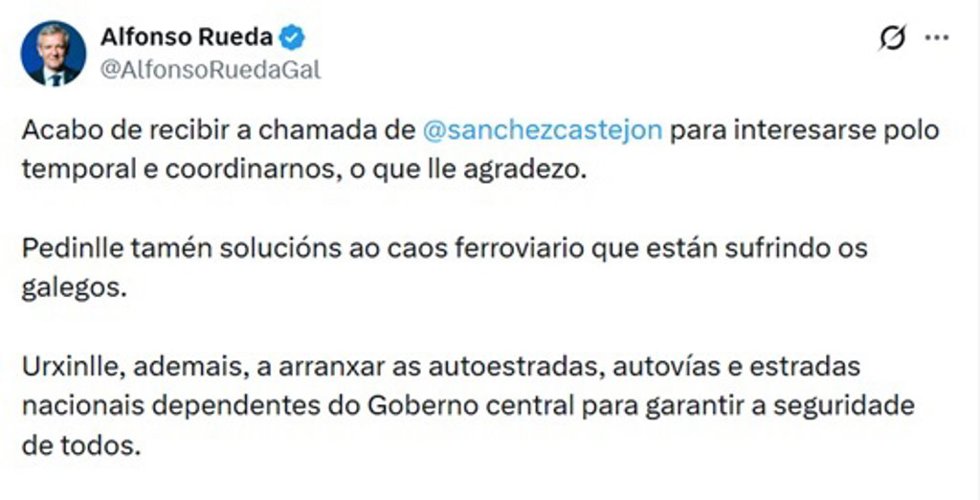 Imagen del mensaje publicado por el presidente de la Xunta, Alfonso Rueda, en su perfil de la red social 'X'