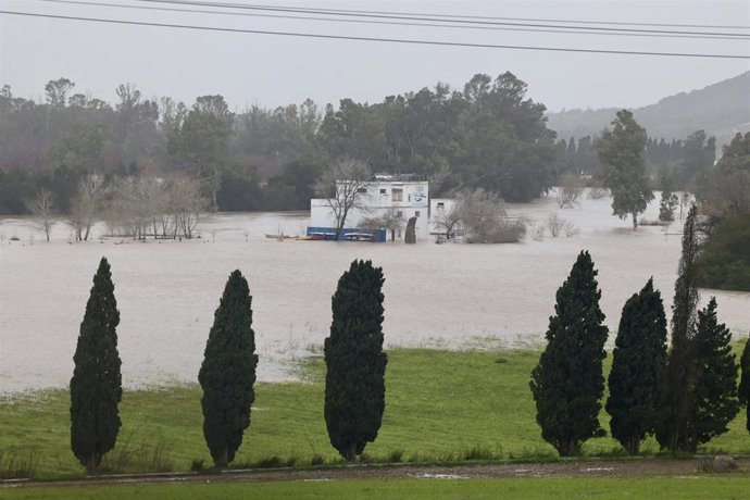 El río Guadalete a su paso por una zona rural de Jerez de la Frontera, inundada por la crecida el pasado fin de semana