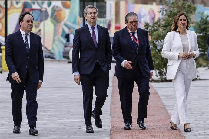 (I-D) El presidente de la Generalitat, Juanfran Pérez Llorca; el presidente del PP, Alberto Núñez Feijóo; el presidente de AVE,  Vicente Boluda, y la alcaldesa de Valencia, María José Catalá. durante la Asamblea General AVE