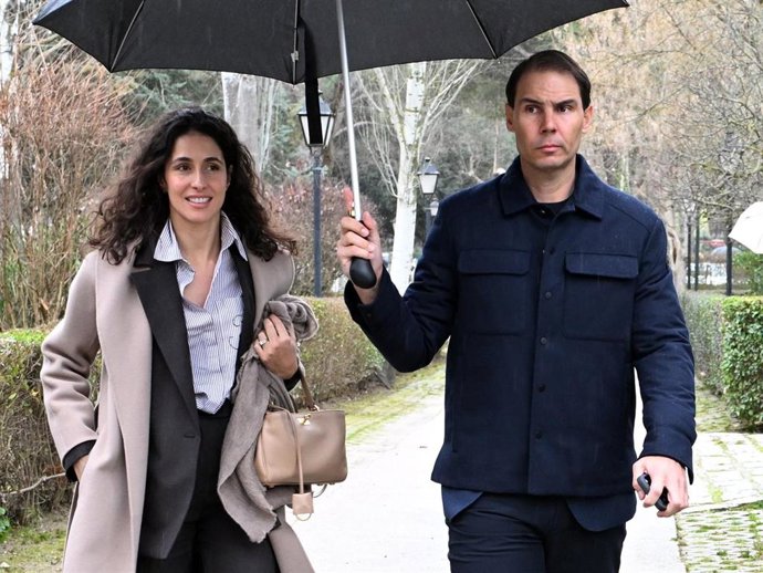 Xisca Perelló y Rafa Nadal a su llegada a la presentación de 'Spin&Swing' en el Real Club de Campo Villa de Madrid