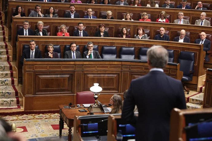 Archivo - El presidente del Partido Popular, Alberto Núñez Feijóo, durante una sesión de control al Gobierno, en el Congreso de los Diputados, a 10 de diciembre de 2025, en Madrid (España).