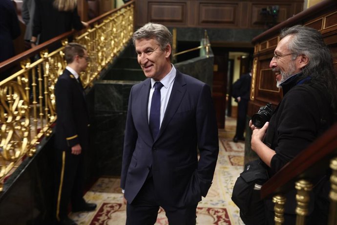 Archivo - El presidente del Partido Popular, Alberto Núñez Feijóo, durante una sesión de control al Gobierno, en el Congreso de los Diputados, a 10 de diciembre de 2025, en Madrid (España).