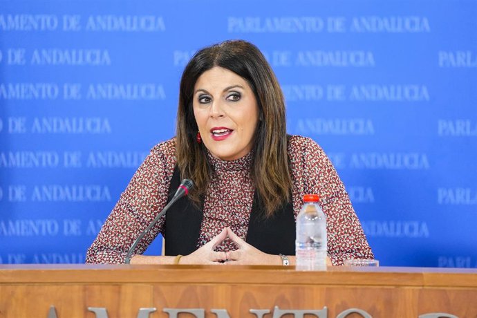 La adjunta portavoz del Grupo Parlamentario Socialista, Ángeles Férriz, durante la ronda de ruedas de prensa de portavoces de los grupos parlamentarios en el Parlamento de Andalucía, a 11 de febrero de 2026 en Sevilla (Andalucía, España). Los portavoces d