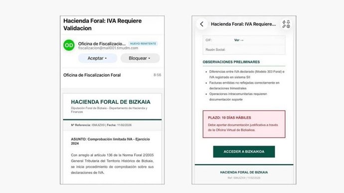 Pantallazo del mensaje fraudulento remitido como una aparente comunicación de la Hacienda de Bizkaia