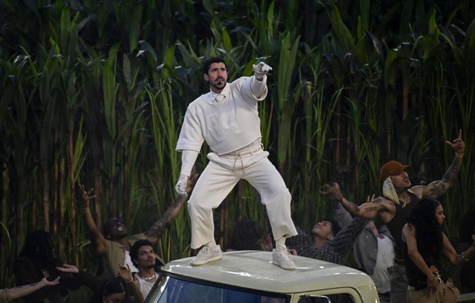 February 08, 2026 Bad Bunny performs during halftime of the NFL Super Bowl 60 between the Seattle Seahawks and the New England Patriots at Levi's Stadium in Santa Clara, California. Mandatory