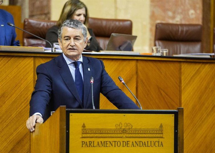 El consejero de Sanidad, Presidencia y Emergencias, Antonio Sanz, comparece en el Pleno del Parlamento andaluz.