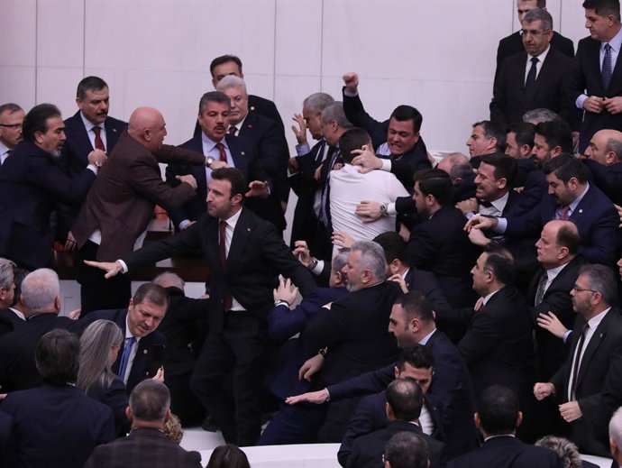 February 11, 2026, Ankara, Turkey: Lawmakers clashed in the Turkish Parliament when opposition members attempted to prevent President Erdoganâ€s new judicial pick, Akin Gurlek, from taking his oath, leading to a physical confrontation between ruling and o