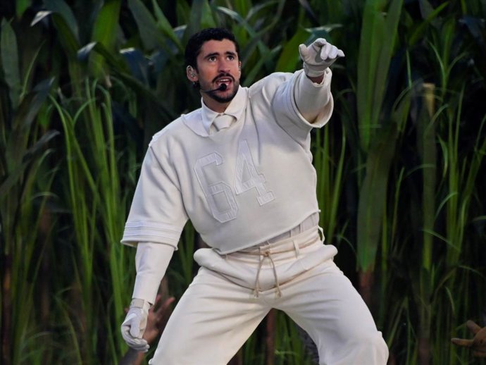 Bad Bunny performs during halftime of the NFL Super Bowl 60 between the Seattle Seahawks and the New England Patriots at Levi's Stadium in Santa Clara, California.