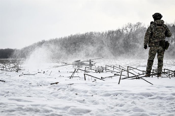 January 23, 2026, Donetsk Region, Ukraine: A soldier from a UAS crew of the Striletskyi special forces police battalion of the National Police in Zaporizhzhia region watches a Ukrainian GARA drone take off in the Pokrovsky direction, Donetsk region, Ukrai