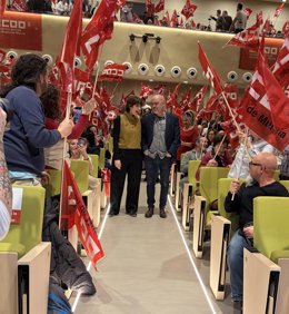 El secretario general de la Confederación Sindical de CCOO, Unai Sordo, participa en una asamblea con 375 delegados del sindicato junto con la la secretaria general de CCOO Región de Murcia, Teresa Fuentes