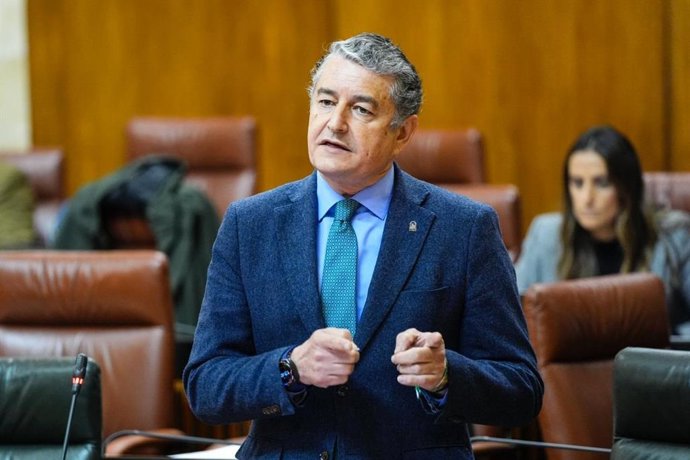 El consejero de Sanidad, Presidencia y Emergencia de la Junta de Andalucía, Antonio Sanz, en el pleno del Parlamento del 12 de febrero de 2026.