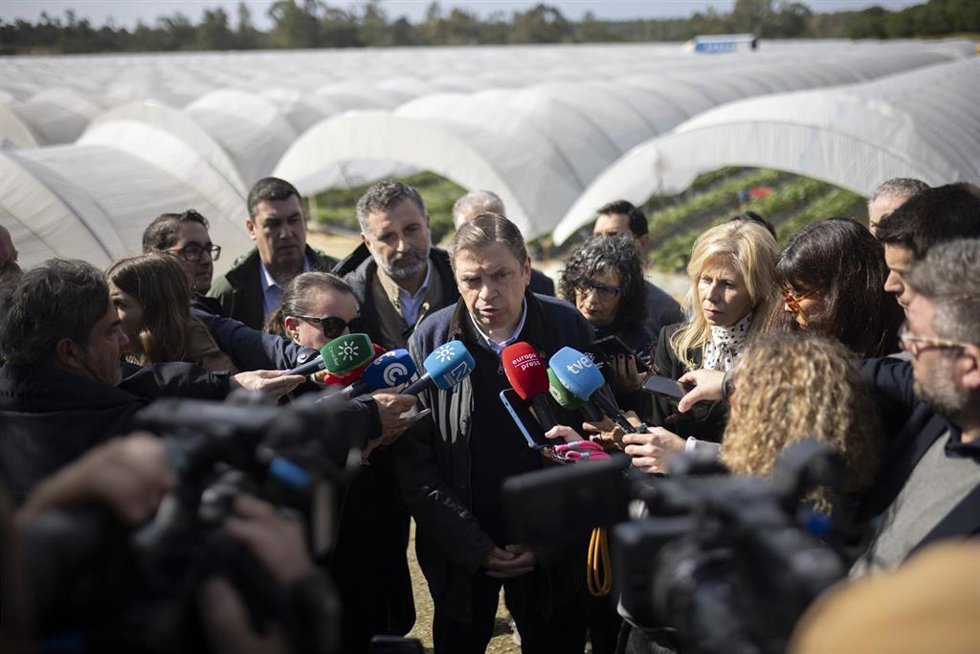 El ministro de Agricultura, Pesca y Alimentación, Luis Planas, atiende a los medios tras visitar una explotación agrícola en Moguer (Huelva).