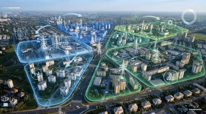 AI-generated illustration of a smart urban energy grid with distributed storage systems.