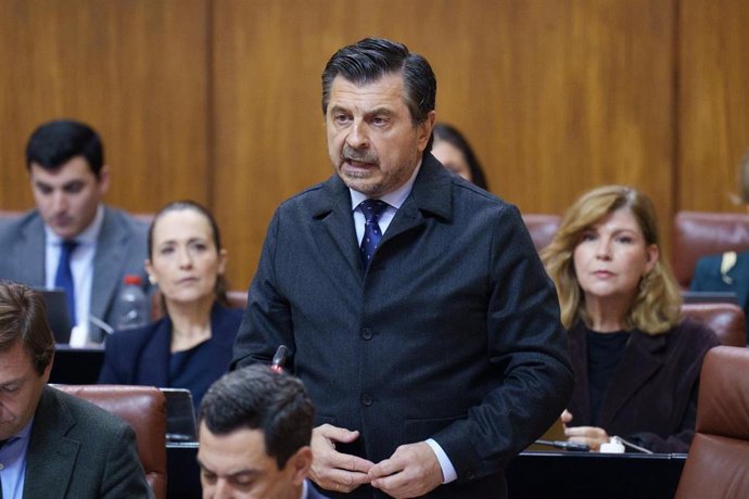 El portavoz del Grupo Parlamentario Popular, Toni Martín, este jueves en el Pleno del Parlamento durante su pregunta al presidente de la Junta de Andalucía.
