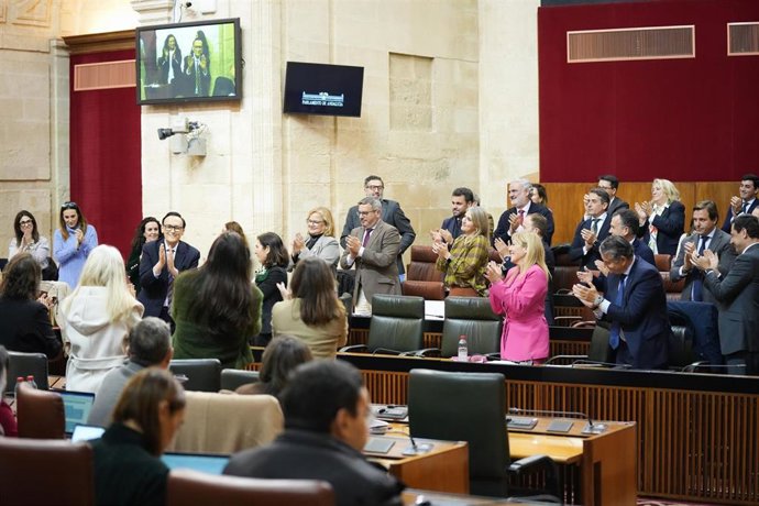 El consejero de Universidad, Investigación e Innovación de la Junta de Andalucía, José Carlos Gómez Villamandos (i) tras aprobarse este miércoles la nueva Ley Universitaria Para Andalucía. A 11 de febrero de 2026, en Sevilla (Andalucía, España).  