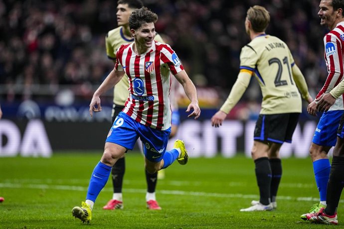 Julian Alvarez of Atletico de Madrid celebrates a goal during the Spanish Cup, Copa del Rey, football match Semifinal First Leg played between Atletico de Madrid and FC Barcelona at Riyadh Air Metropolitano on February 12, 2026, in Madrid, Spain.
