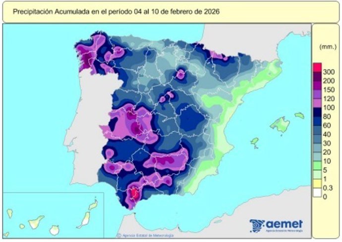 España registra 429 l/m2 de lluvias acumuladas desde el 1 de octubre, un 38% más de lo habitual.