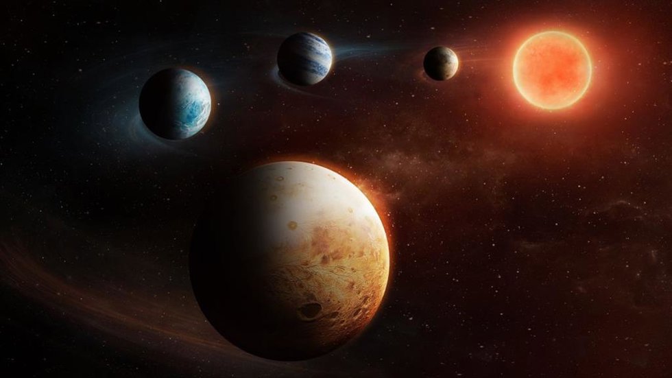 Impresión artística del sistema planetario alrededor de la estrella LHS 1903 (las distancias y tamaños de los planetas No están a escala)