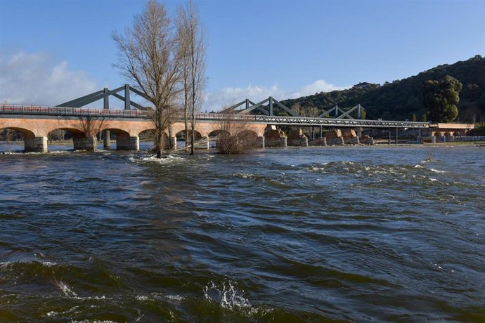 El río Alberche a su paso por Aldea del Fresno, a 12 de febrero de 2026, en Aldea del Fresno, Madrid (España). La Confederación Hidrográfica del Tajo (CHT) ha activado este jueves los avisos de nivel rojo por riesgo de desbordamiento en cinco tramos del r