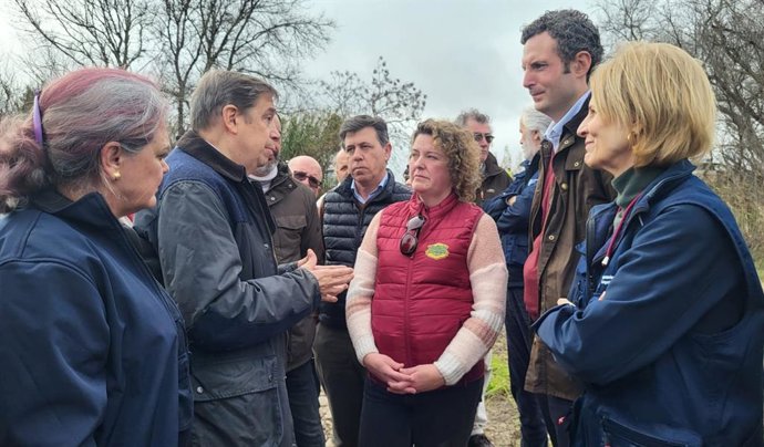Miguel Pérez, de COAG Cádiz, y José Pravia, de Asaja Cádiz, junto al ministro de Agricultura, Luis Planas, en una visita a las zonas afectadas por las inundaciones del río Guadalete.