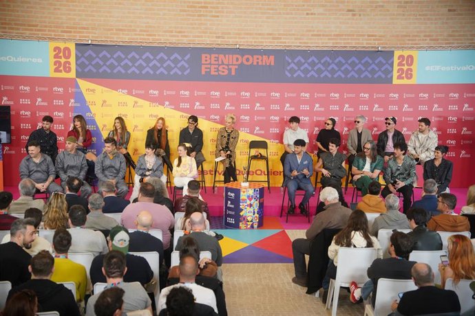 Los finalistas del Benidorm Fest 2026 durante una rueda de prensa, en el Centro Cultural de Benidorm, a 13 de febrero de 2026, en Benidorm, Alicante, Comunidad Valenciana (España). Tras las dos semifinales, celebradas el 10 y 12 de febrero, ya se conocen 