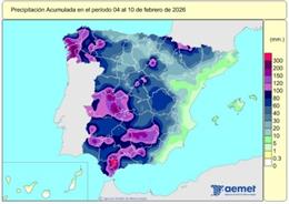 España registra 429 l/m2 de lluvias acumuladas desde el 1 de octubre, un 38% más de lo habitual.