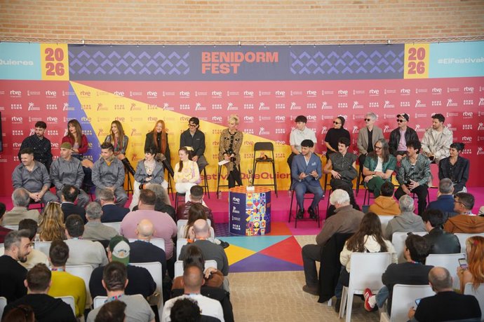 Finalistas del Benidorm Fest 2026 durante la rueda de prensa en la que se ha conocido el orden de las actuaciones de la última gala del certamen