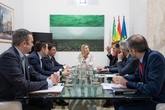 La presidenta de la Junta de Extremadura en funciones, María Guardiola, durante la reunión este viernes con los responsables de Fotowatio Renewable Ventures (FRV).