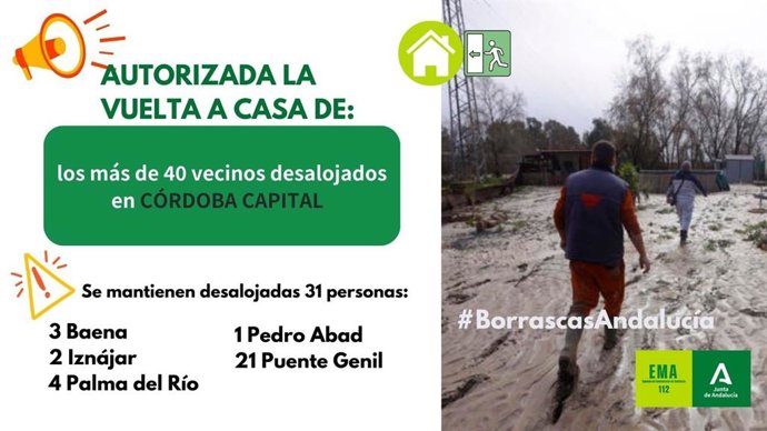 El Servicio de Emergencias 112 Andalucía informa del regreso a sus casas de desalojados en Córdoba.