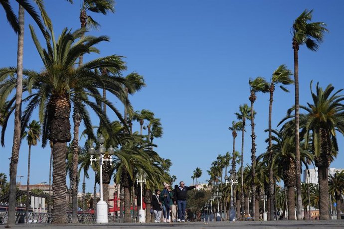 Varias personas caminan durante el temporal por viento, a 12 de febrero de 2026, en Barcelona, Catalunya (España)