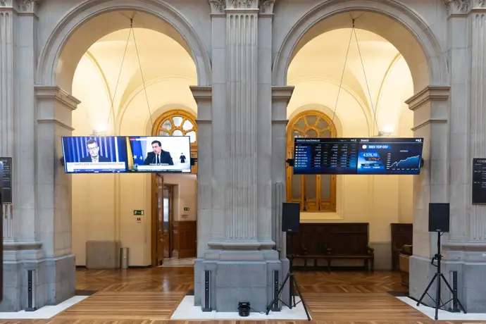 Interior del edificio de la bolsa, Madrid, 7 de enero de 2026.