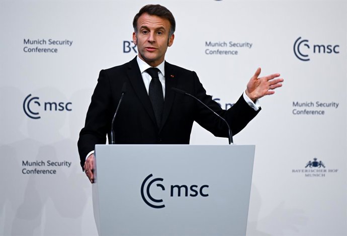 13 February 2026, Bavaria, Munich: French President Emmanuel Macron speaks during the 62nd Munich Security Conference at the Bayerischer Hof Hotel. Photo: Sven Hoppe/dpa