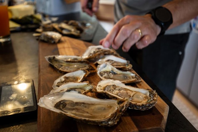 Archivo - July 20, 2025, Pe, CANADA: Shucked Malpeque oysters are seen on a serving board in Summerside, P.E.I., Sunday, Jul 20, 2025.